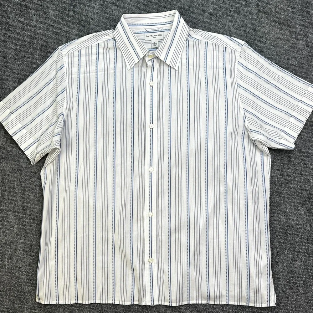 Banana Republic White‎ Blue Striped Button Down Shirt Size L 16-16-1/2